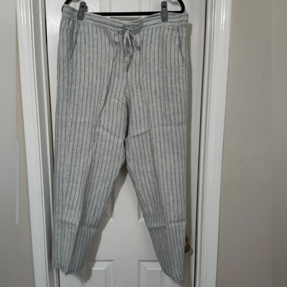 Orvis Women’s Shoreline Linen Pull On Straight Leg Pants Blue White Large NWT